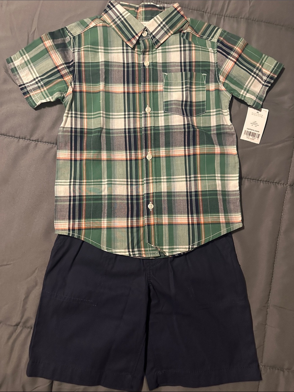 Carter's Green Plaid Short-Sleeve Button-Down Shirt w/  Navy Blue shorts Set NWT